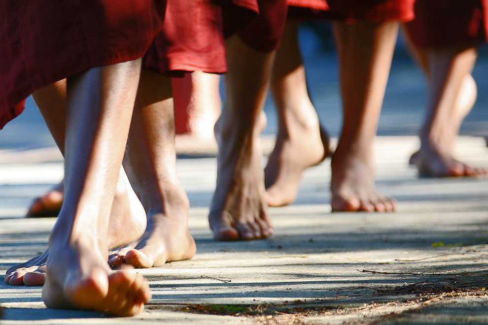 monks feet buddhism touch the earth walking meditation