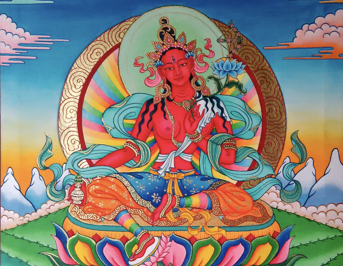 red tara tibetan buddhism sangha traditional buddhist panting rainbow